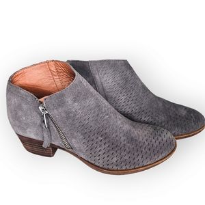 Lucky Brand Brielley Gray Genuine Suede Laser Cut Heel Ankle Booties